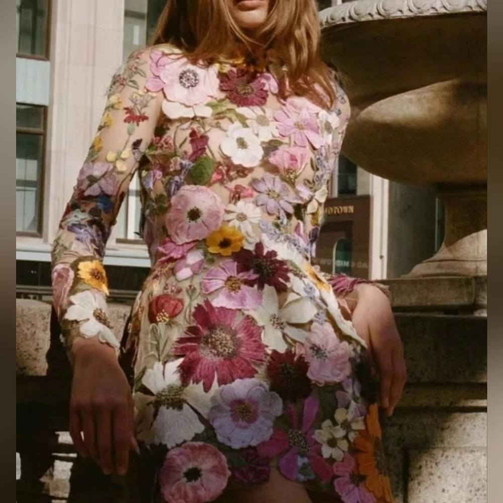 Embroidered Flowers Bell Skirt Mini Dress, Designed With Luxury In Mind - Picture 3 of 10